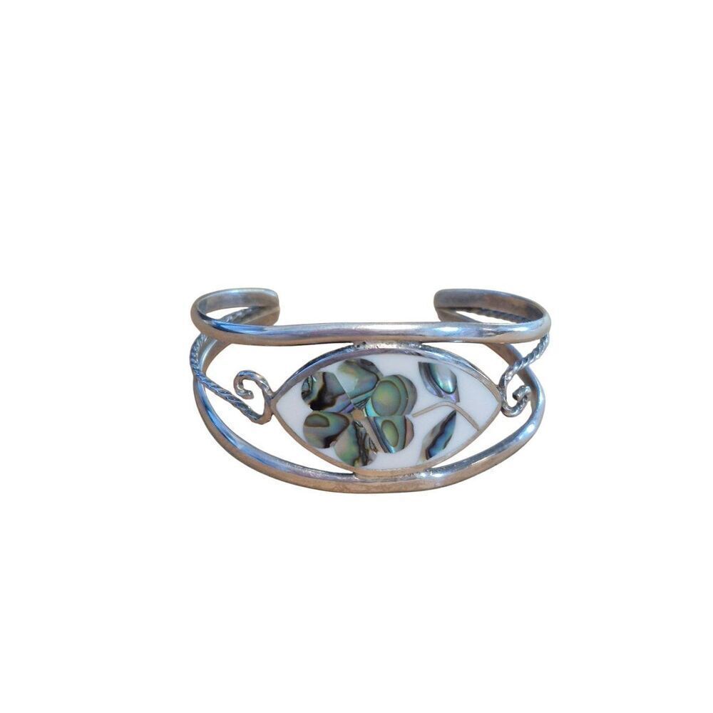 Vintage Alpaca Mexico Abalone Shell Cuff Bracelet